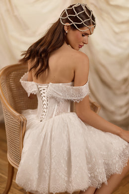 Off-The-Shoulder A-Line Lace Mini Wedding Dress With Pearl Beading And Corset Back