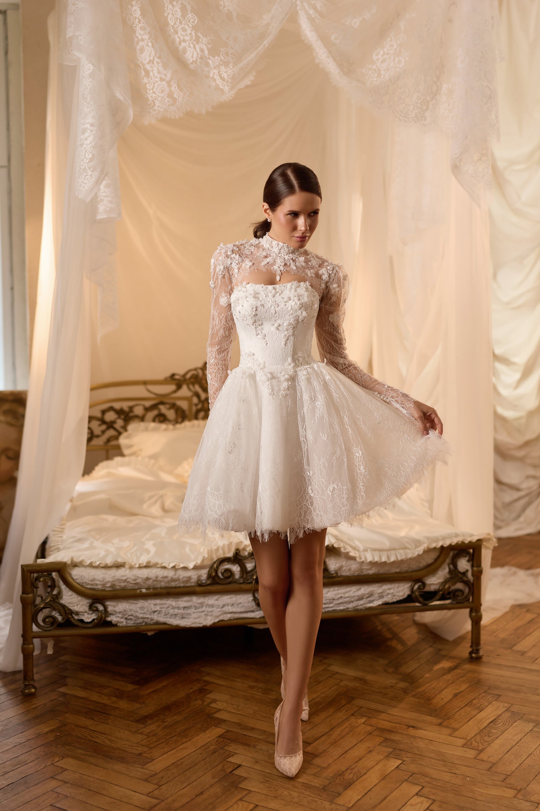 High Neck Long Sleeve Mini Ball Gown Wedding Dress with 3D Floral Lace