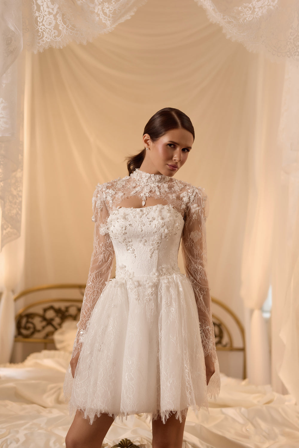 High Neck Long Sleeve Mini Ball Gown Wedding Dress with 3D Floral Lace