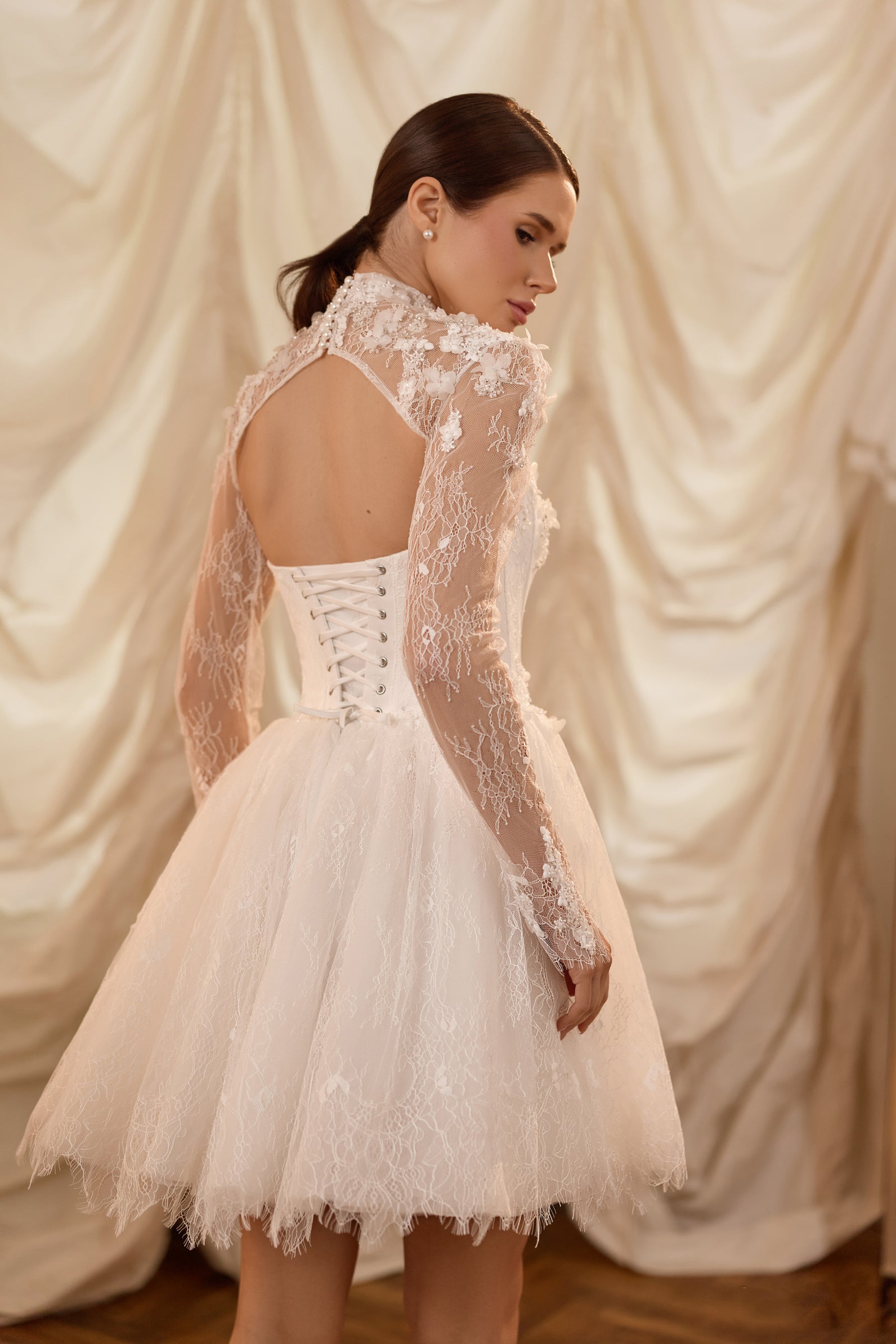 High Neck Long Sleeve Mini Ball Gown Wedding Dress with 3D Floral Lace
