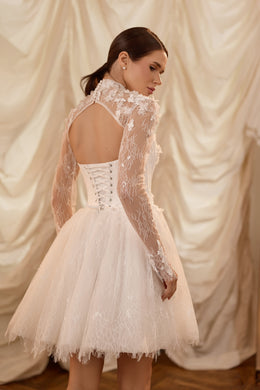 High Neck Long Sleeve Mini Ball Gown Wedding Dress with 3D Floral Lace