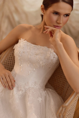 High Neck Long Sleeve Mini Ball Gown Wedding Dress with 3D Floral Lace