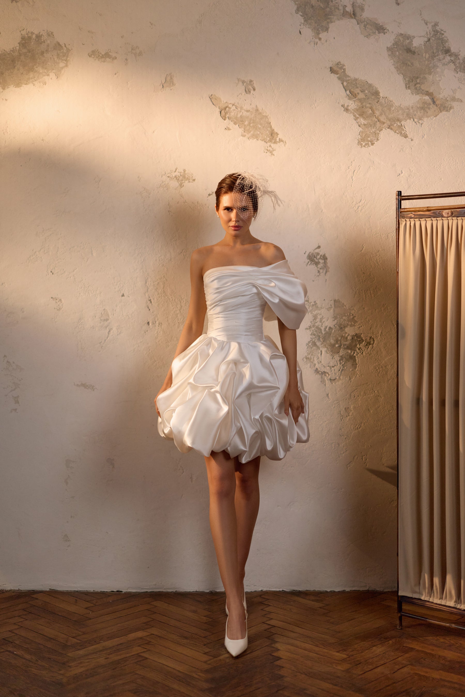 Off-the-Shoulder Mini Bubble Wedding Dress in Satin