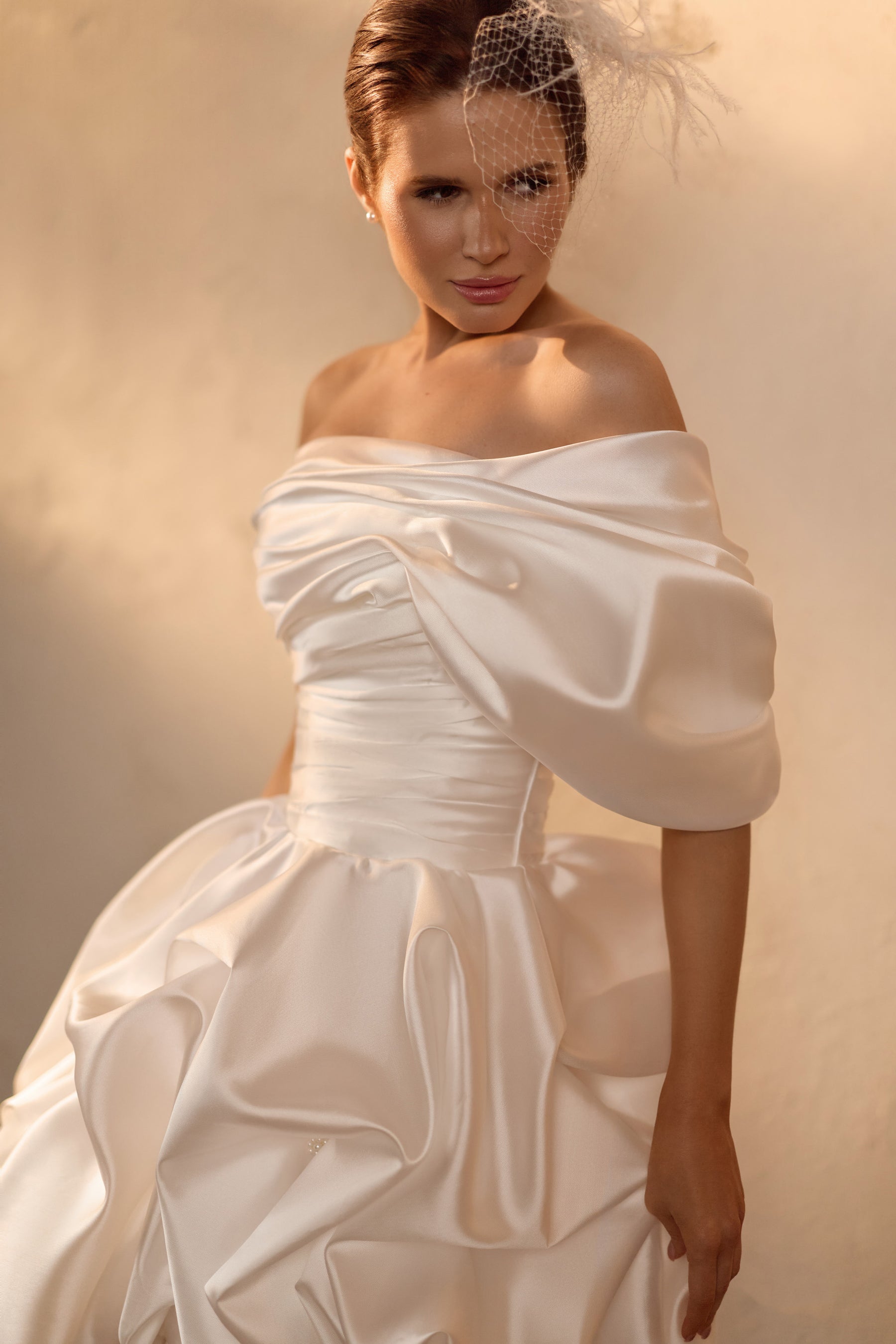 Off-the-Shoulder Mini Bubble Wedding Dress in Satin