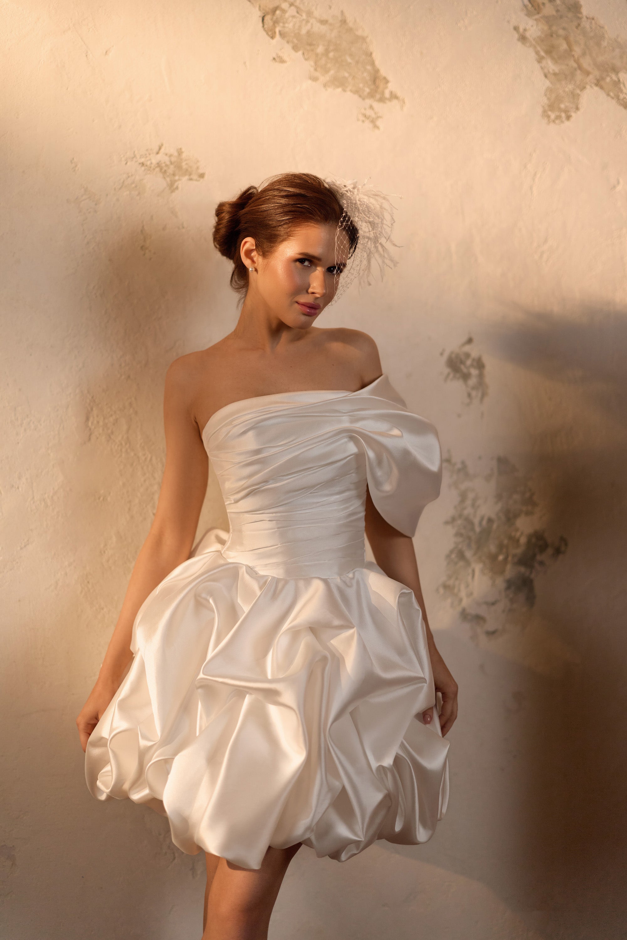 Off-the-Shoulder Mini Bubble Wedding Dress in Satin