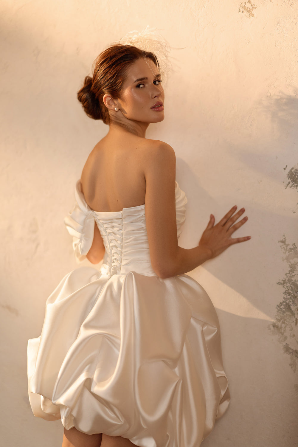 Off-the-Shoulder Bubble Mini Wedding Dress in Satin