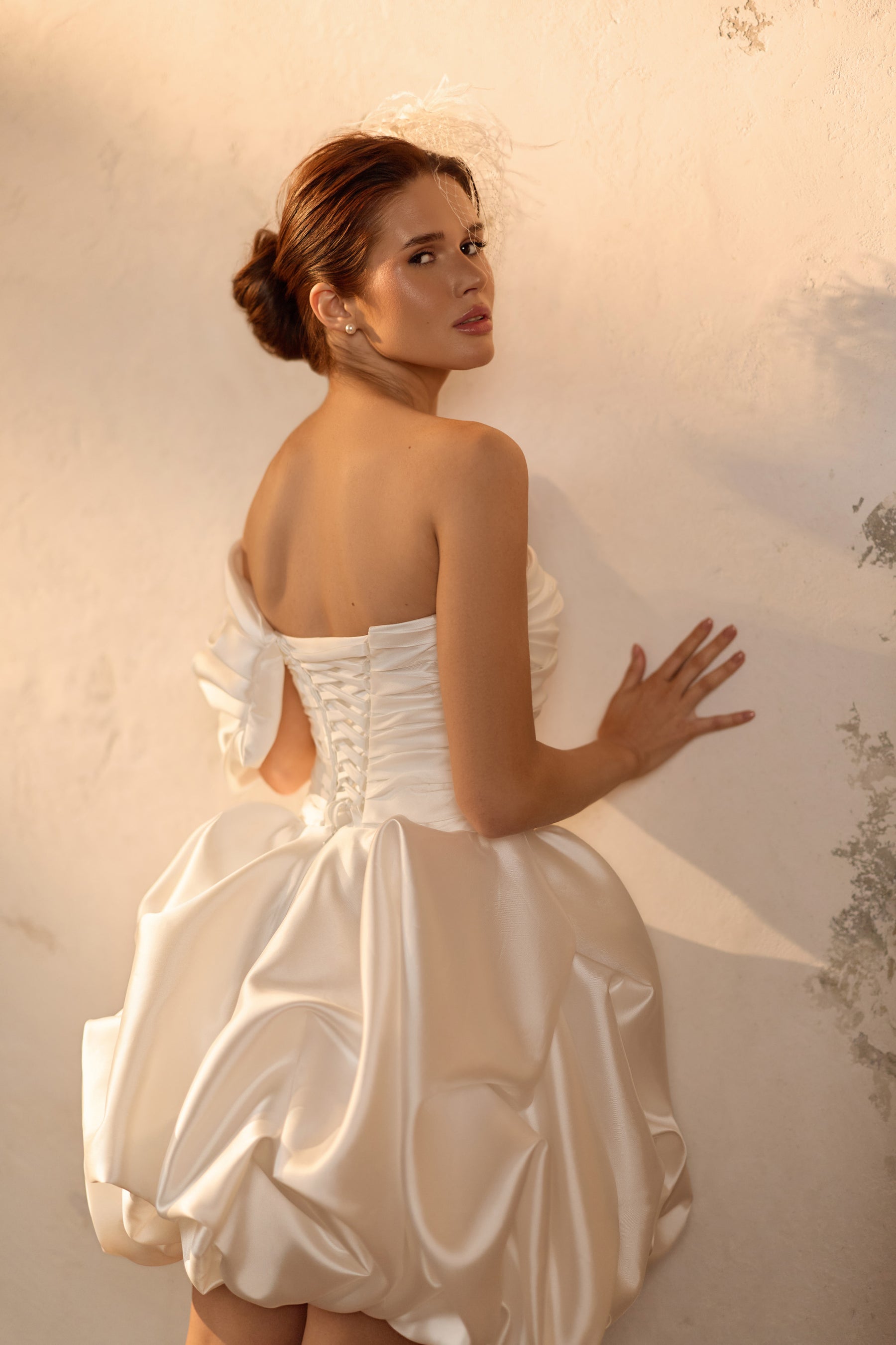 Off-the-Shoulder Bubble Mini Wedding Dress in Satin