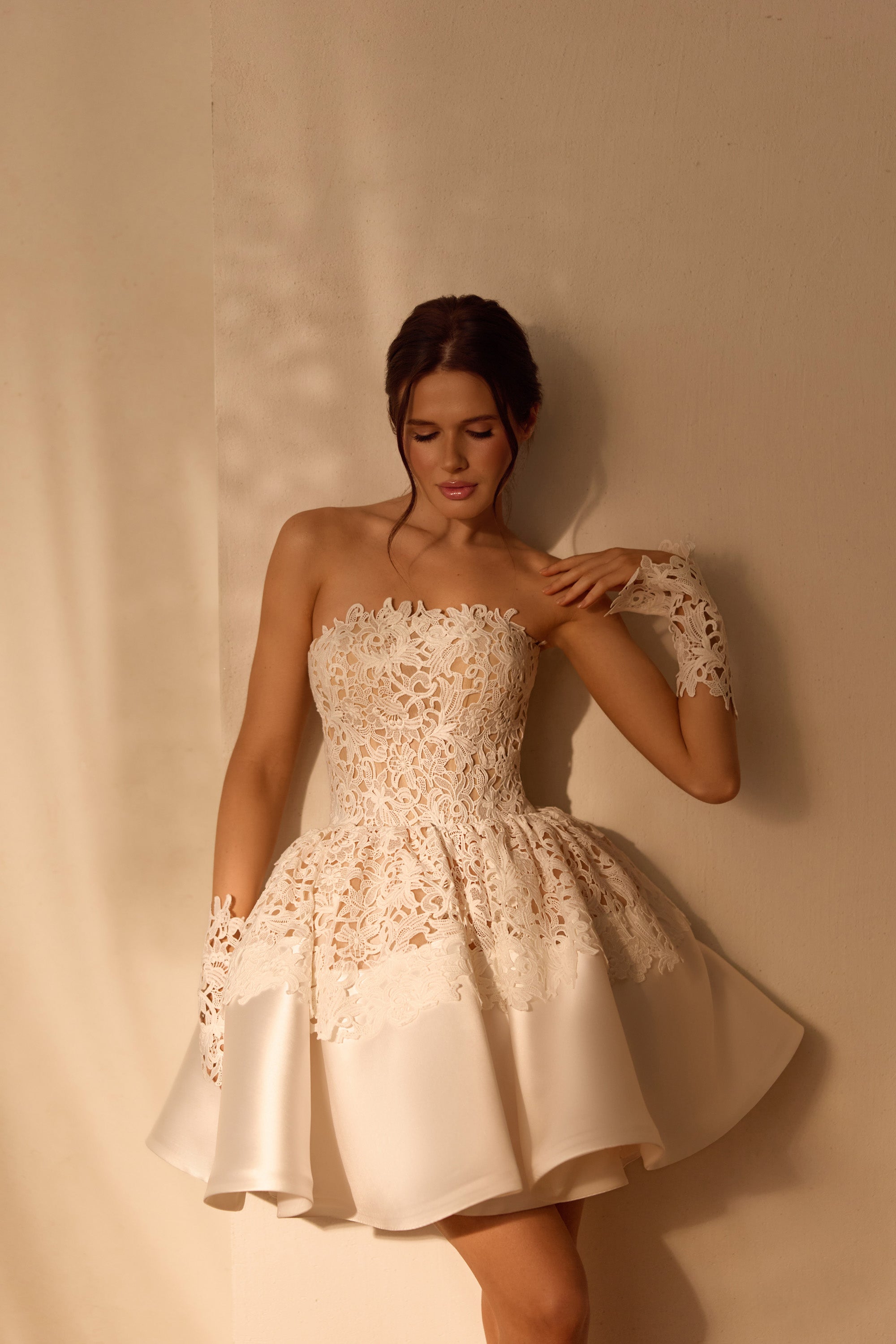 Strapless Lace Ball Gown Mini Wedding Dress with Detachable Lace Cuffs