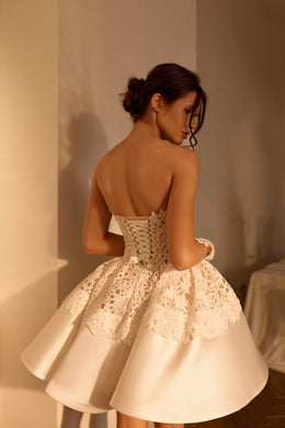 Strapless Lace Ball Gown Mini Wedding Dress with Detachable Lace Cuffs