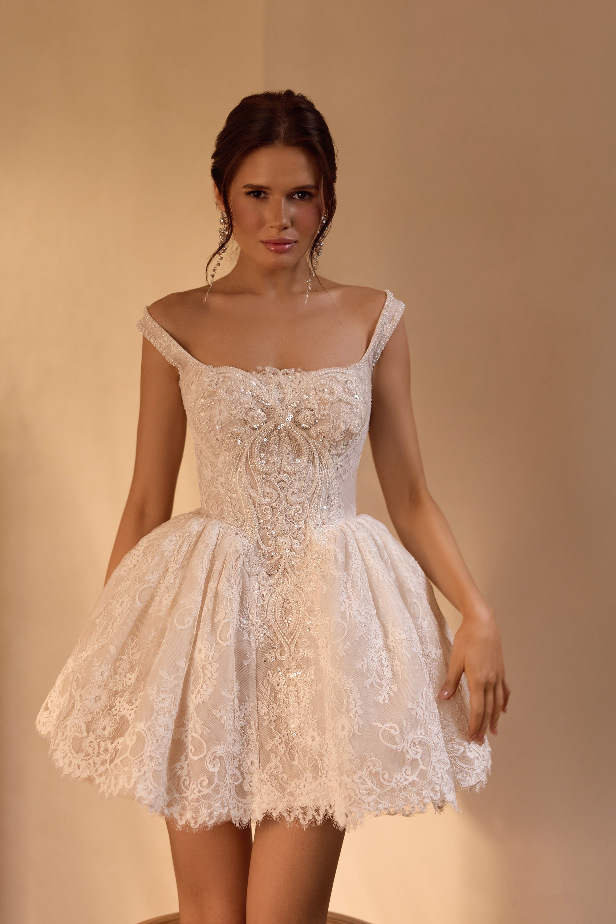 Off-the-Shoulder Lace Ball Gown Mini Wedding Dress