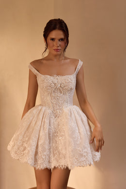 Off-the-Shoulder Lace Ball Gown Mini Wedding Dress