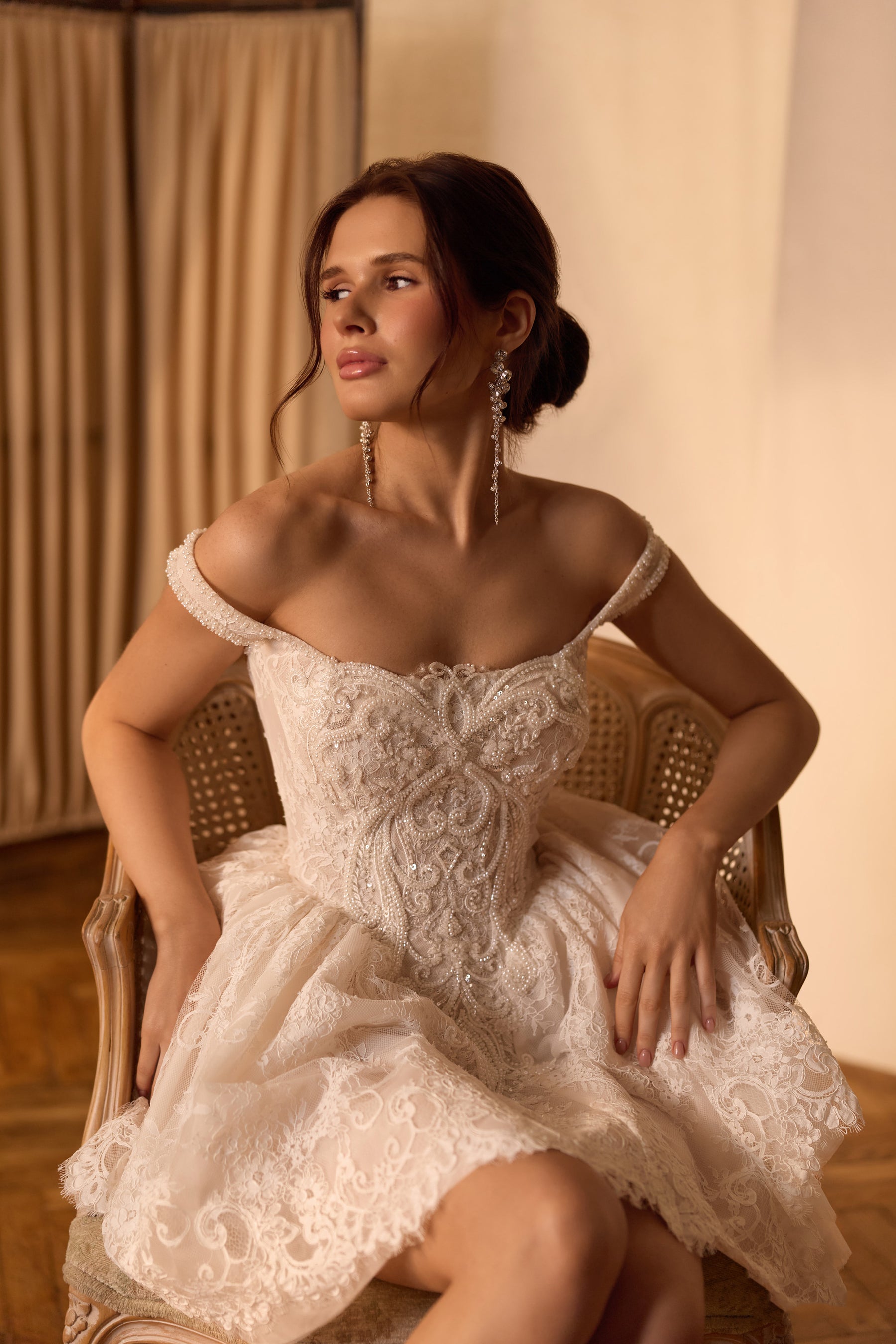 Off-the-Shoulder Lace Ball Gown Mini Wedding Dress