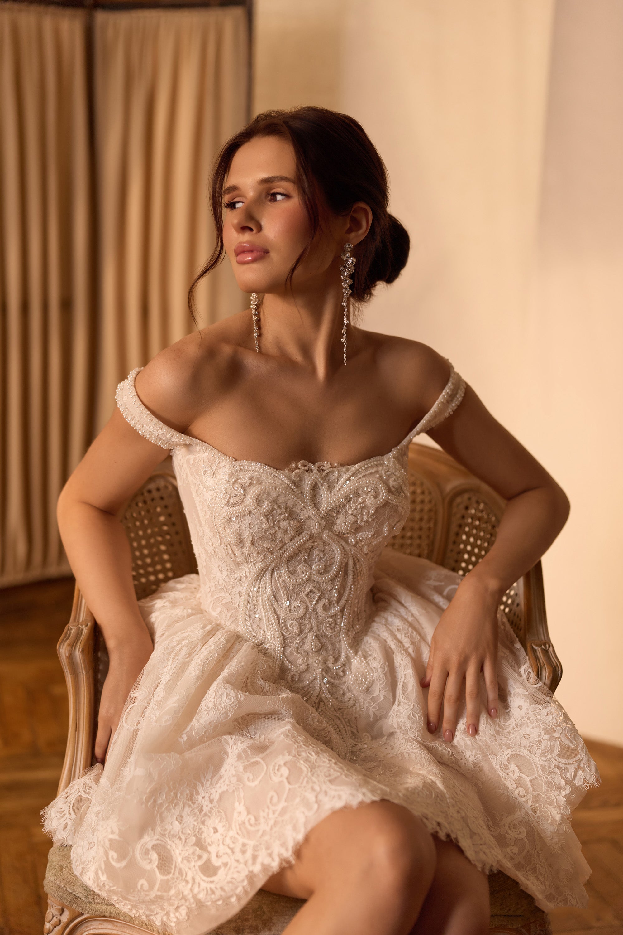 Off-the-Shoulder Lace Ball Gown Mini Wedding Dress
