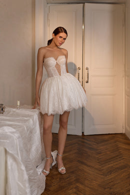 Strapless Lace Corset Mini Wedding Dress with Detachable Overskirt