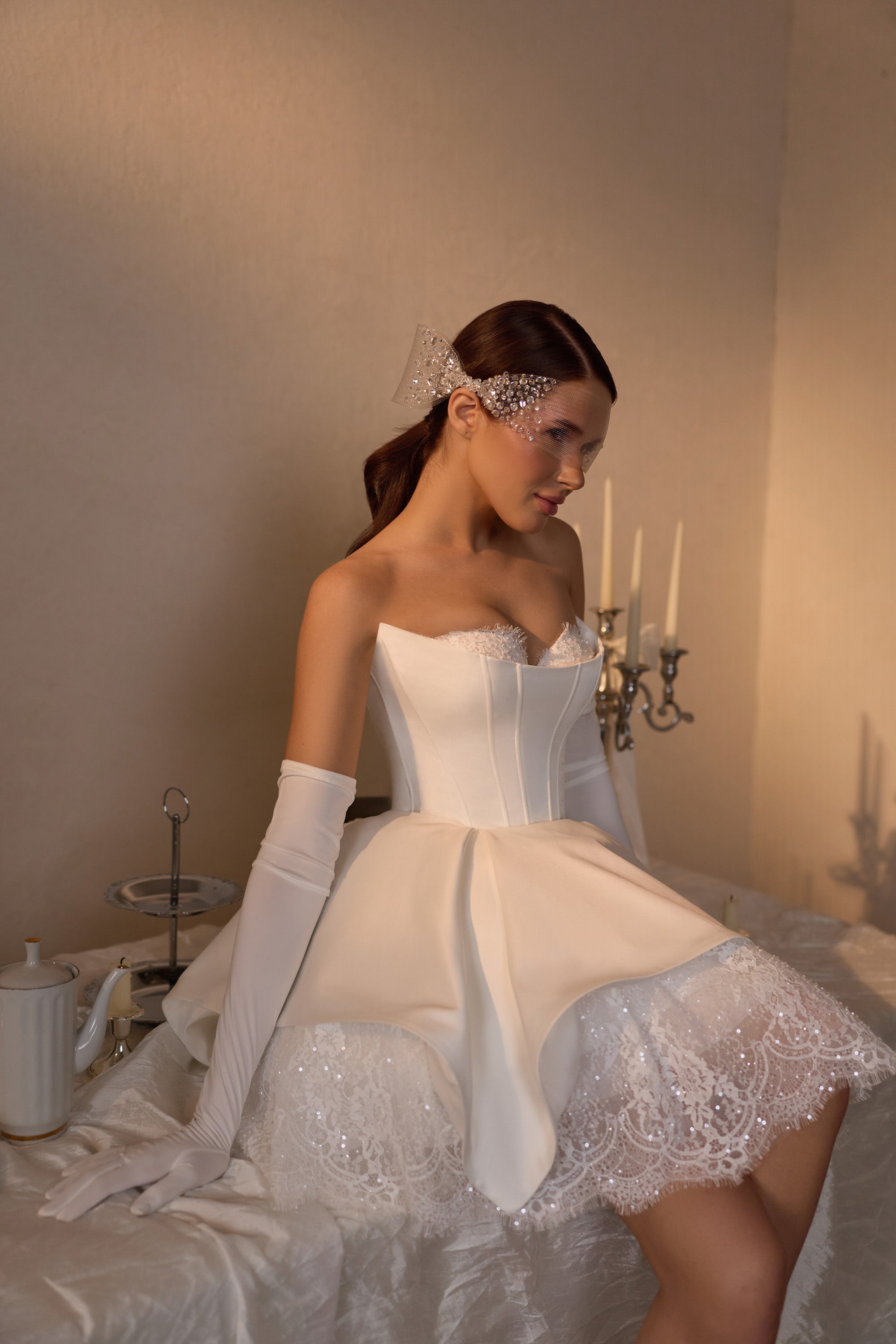 Strapless Lace Corset Mini Wedding Dress with Detachable Overskirt