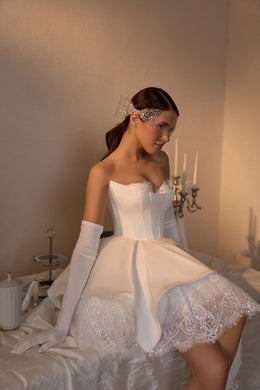 Strapless Lace Corset Mini Wedding Dress with Detachable Overskirt