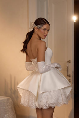 Strapless Lace Corset Mini Wedding Dress with Detachable Overskirt