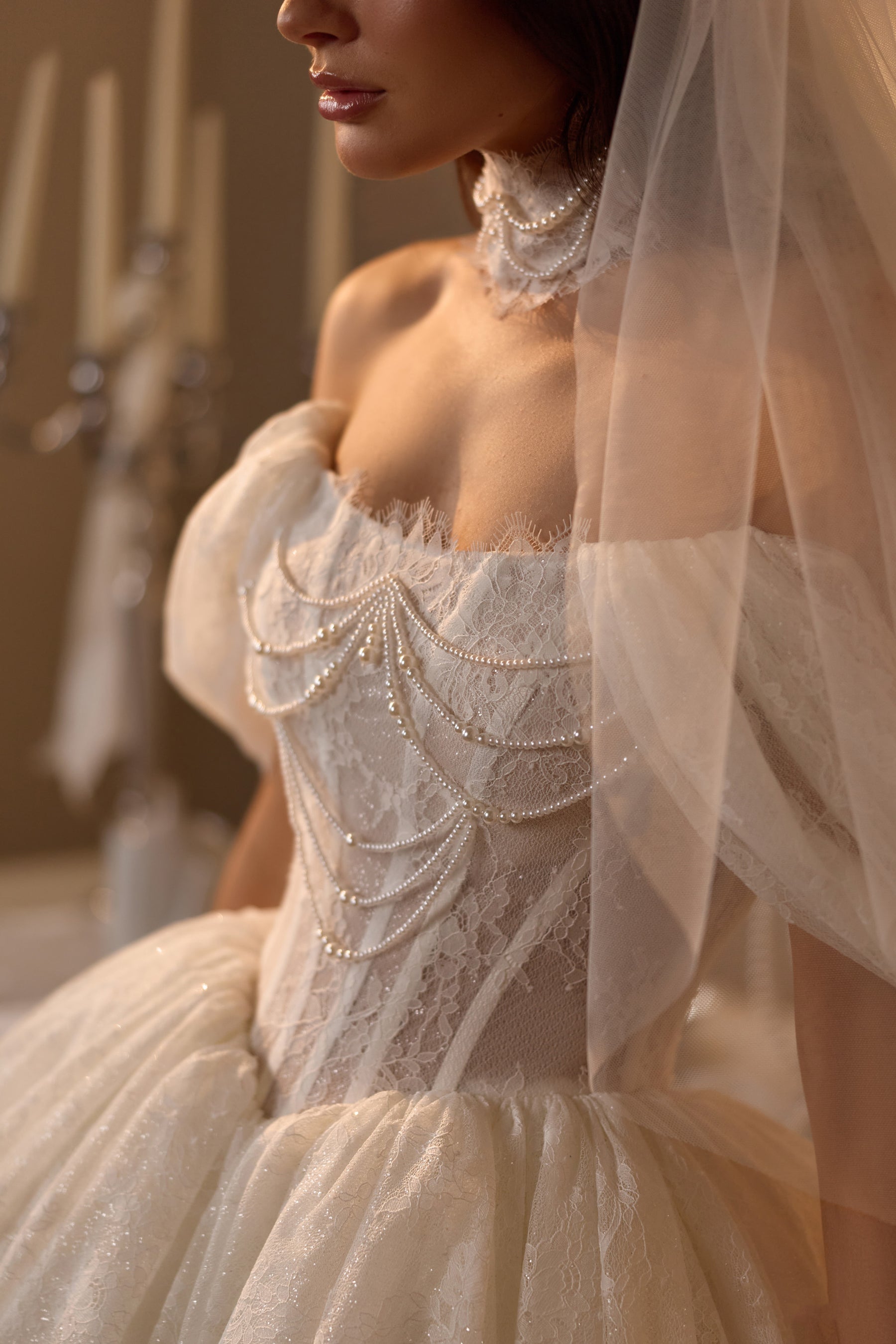 Pearl Embellished Off-The-Shoulder Lace Mini Wedding Dress