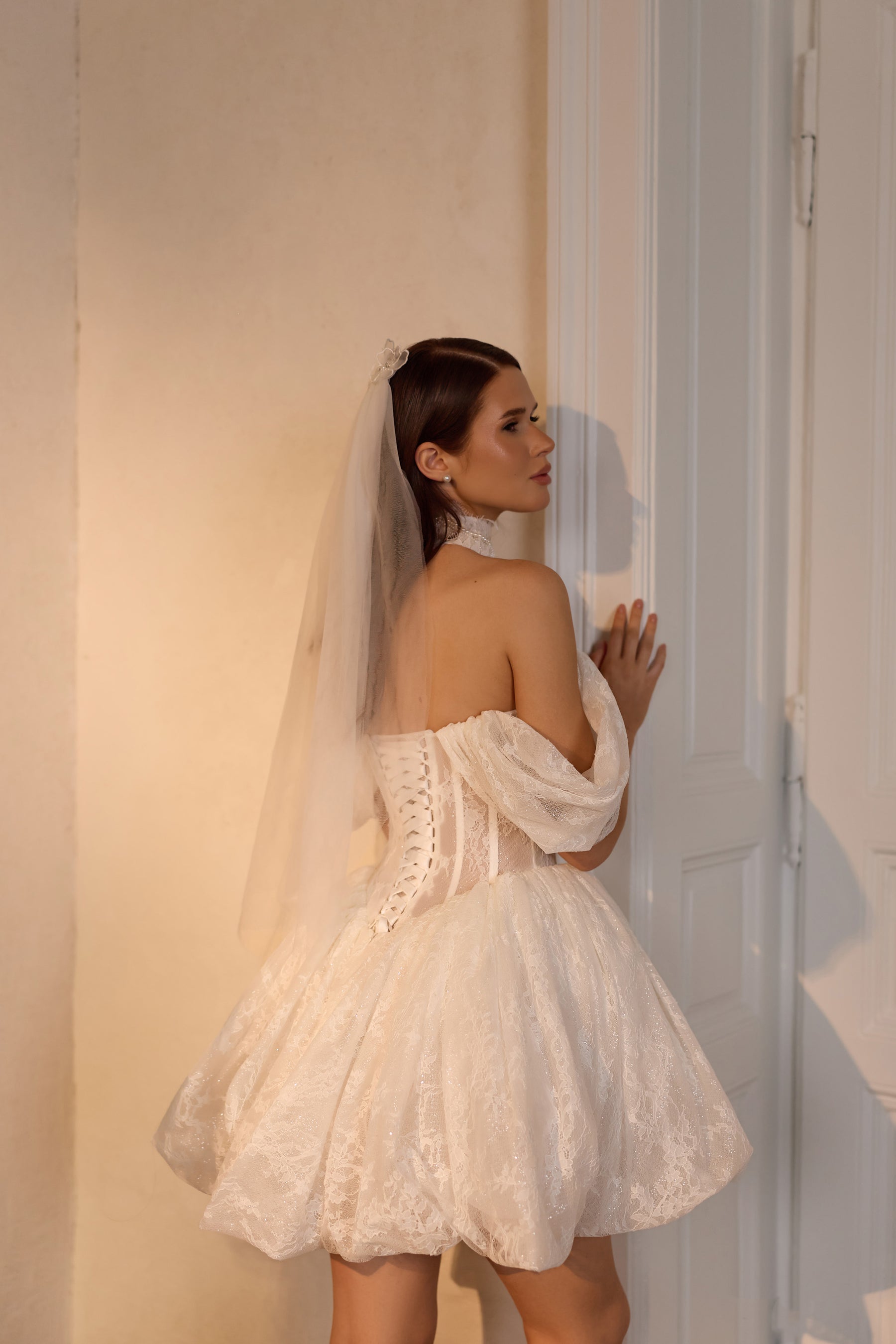 Pearl Embellished Off-The-Shoulder Lace Mini Wedding Dress