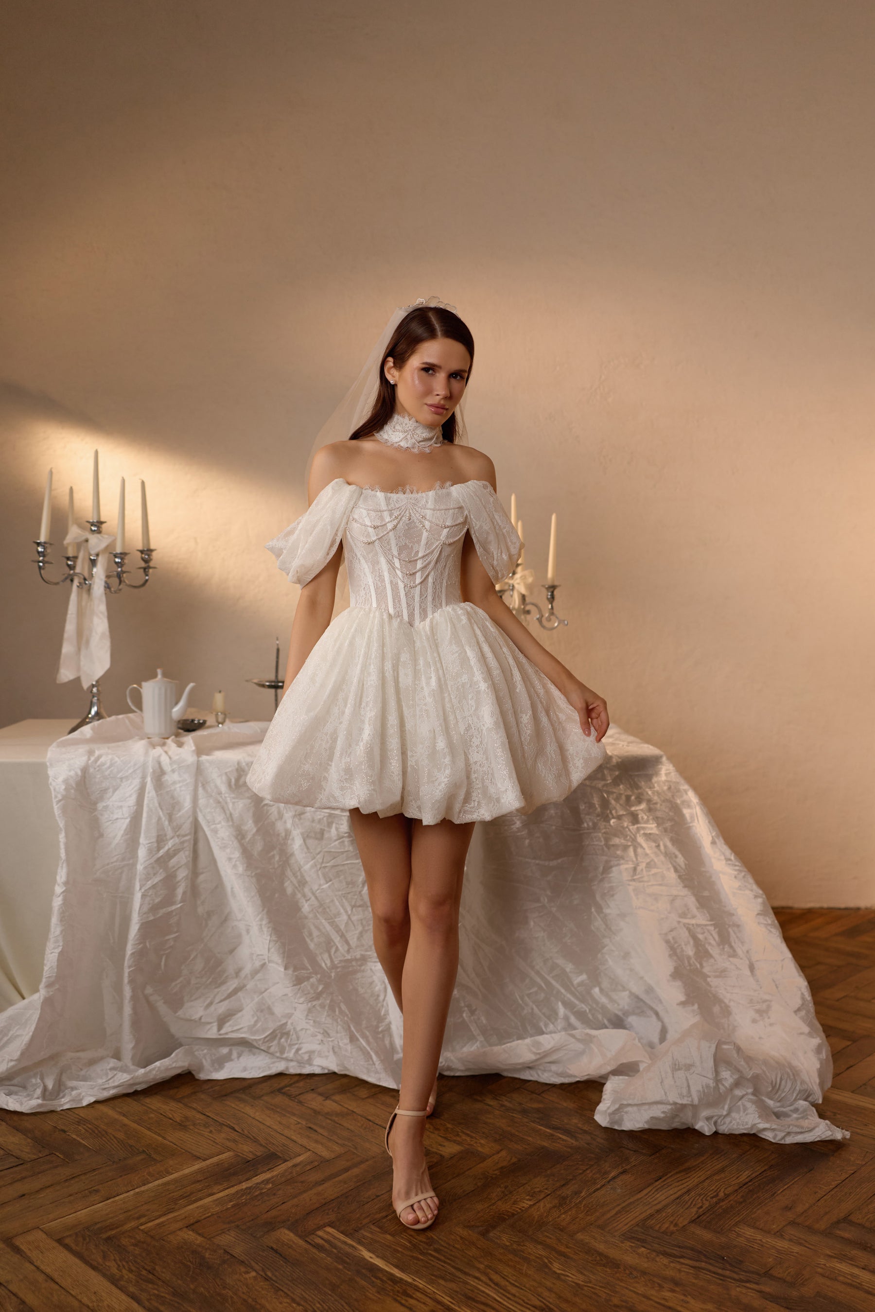 Pearl Embellished Off-The-Shoulder Lace Mini Wedding Dress