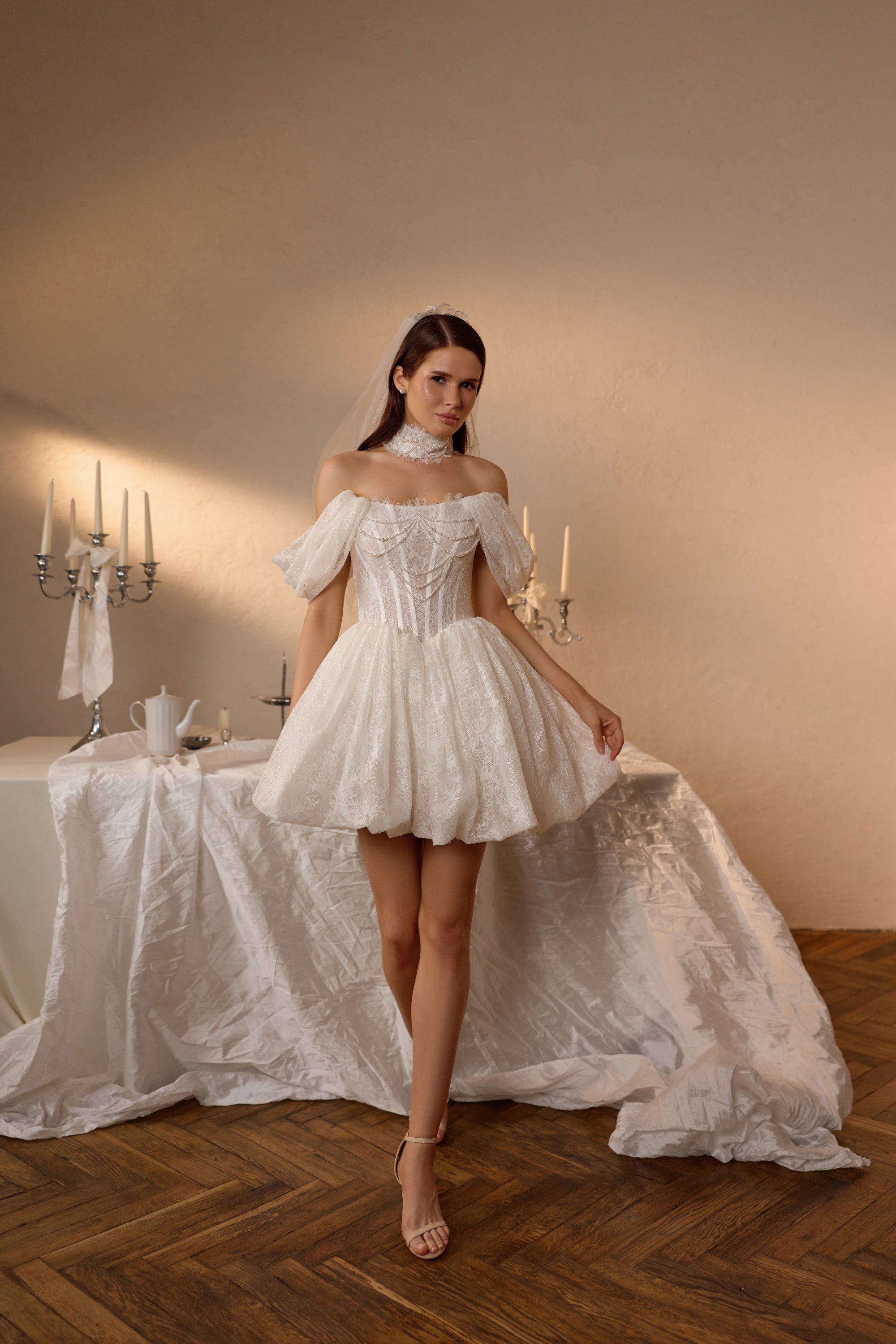 Pearl Embellished Off-The-Shoulder Lace Mini Wedding Dress