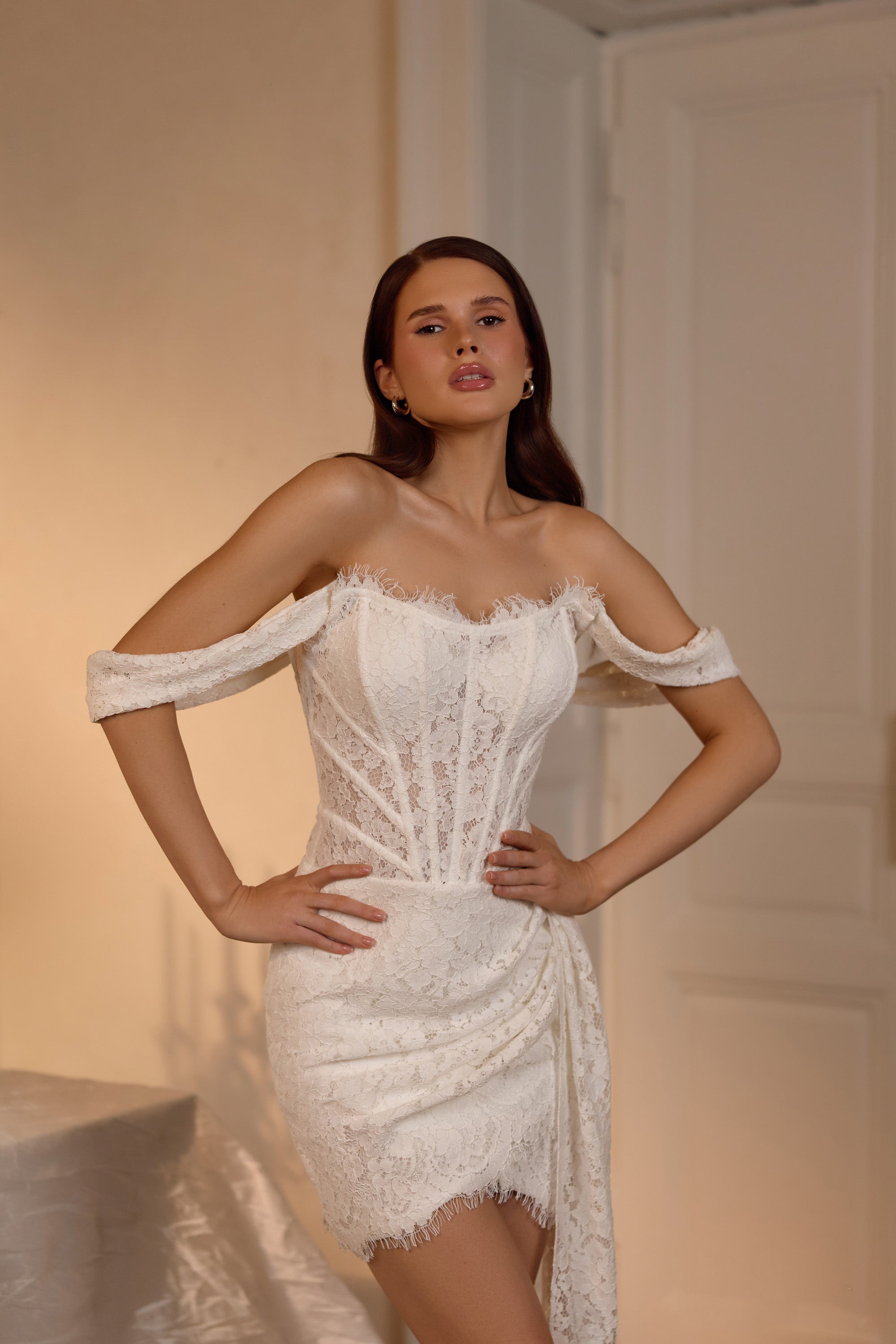 Off-The-Shoulder Lace Mini Wedding Dress with Detachable Lace Train