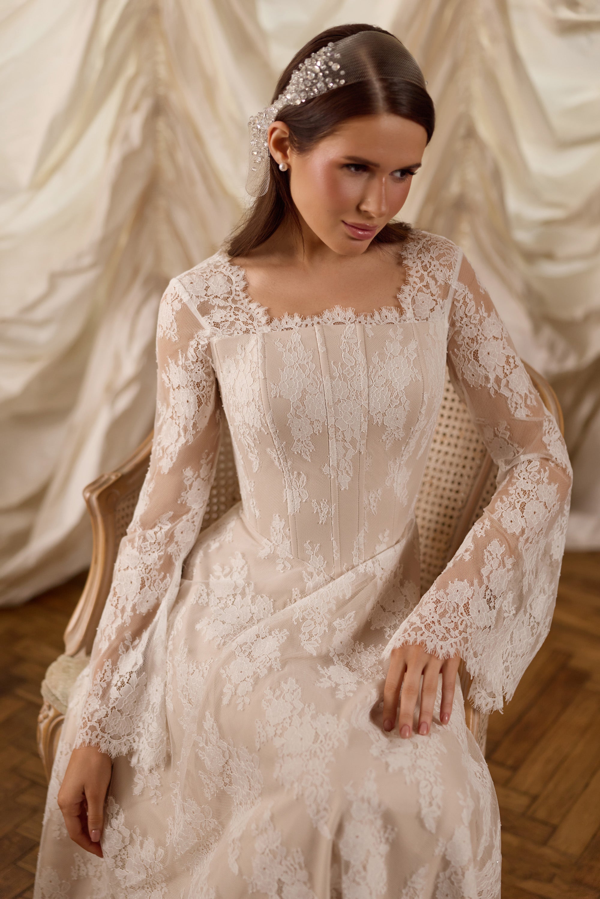 Aurora Lace Tea-Length Wedding Dress with Bell Sleeves