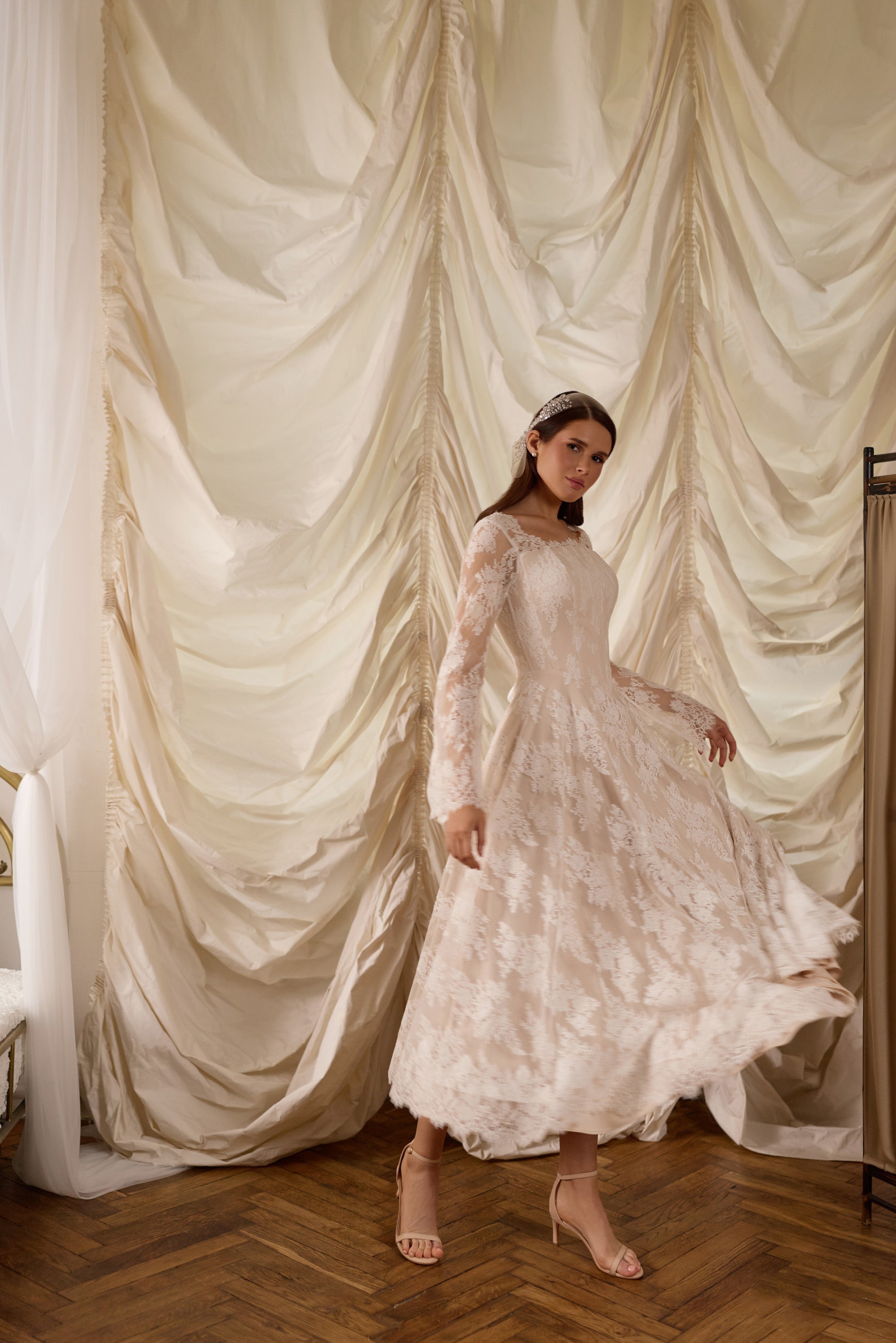 Aurora Lace Tea-Length Wedding Dress with Bell Sleeves