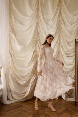 Aurora Lace Tea-Length Wedding Dress with Bell Sleeves