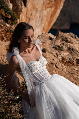 Tea-Length A-Line Wedding Dress with Lace Corset and Shoulder Bows