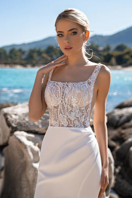 Beautiful Wedding Dress with Chapel Train, Sleeveless Sheath, Sequins and Scoop Neck