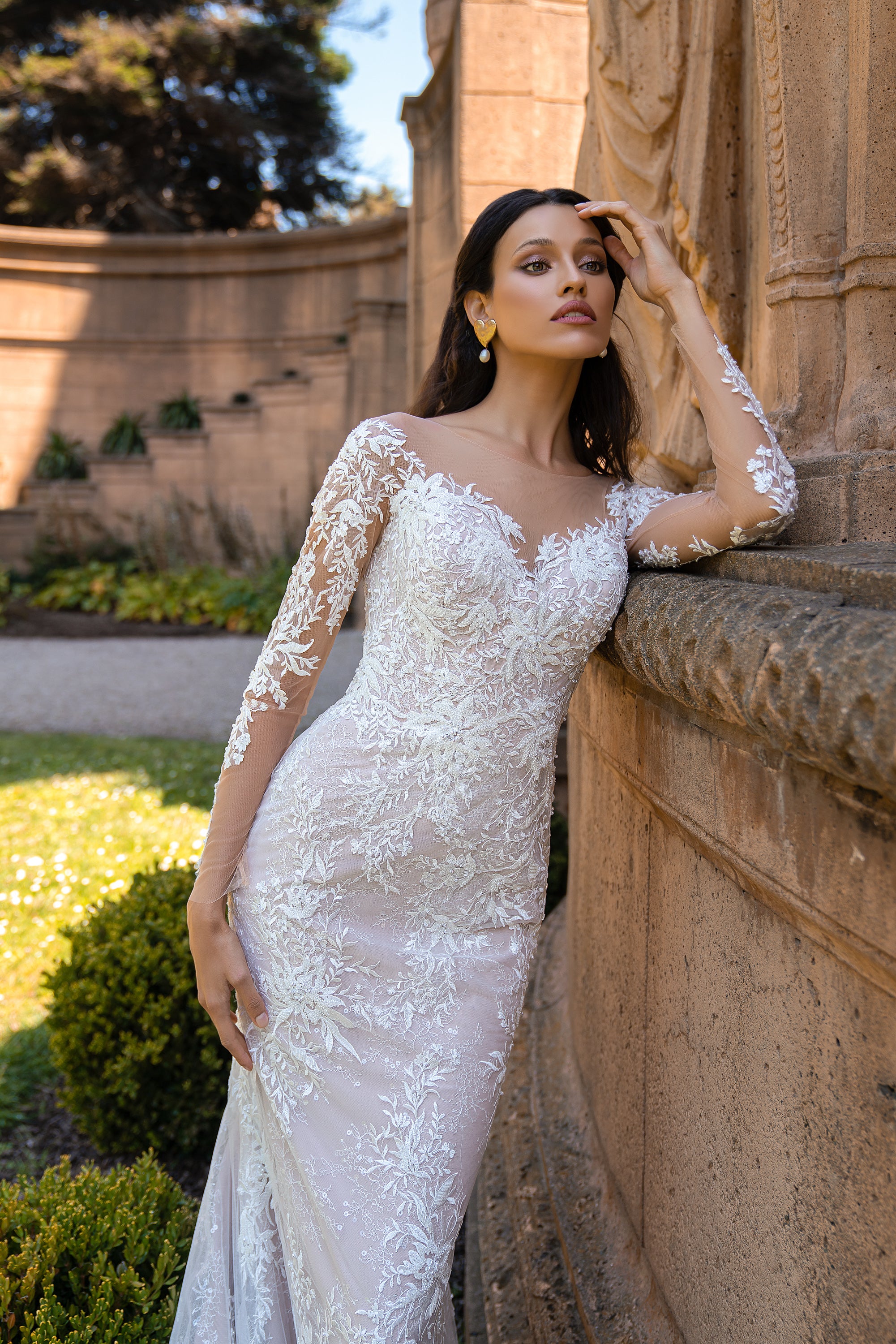 Sheath Wedding Dress with Long Lace Sleeves and Chapel Train