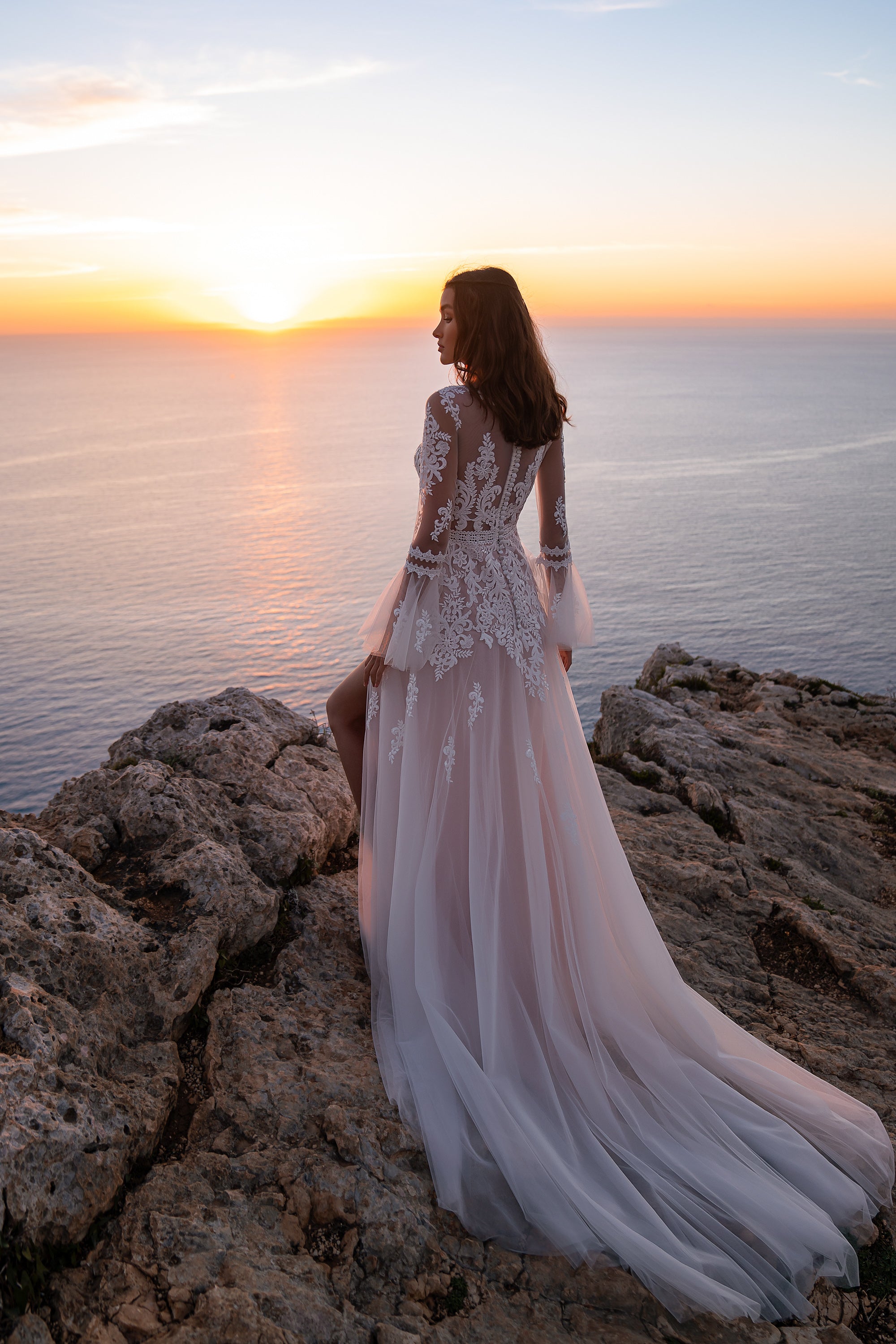 A-Line Wedding Dress with Floral Lace, Flared Sleeves and Slit