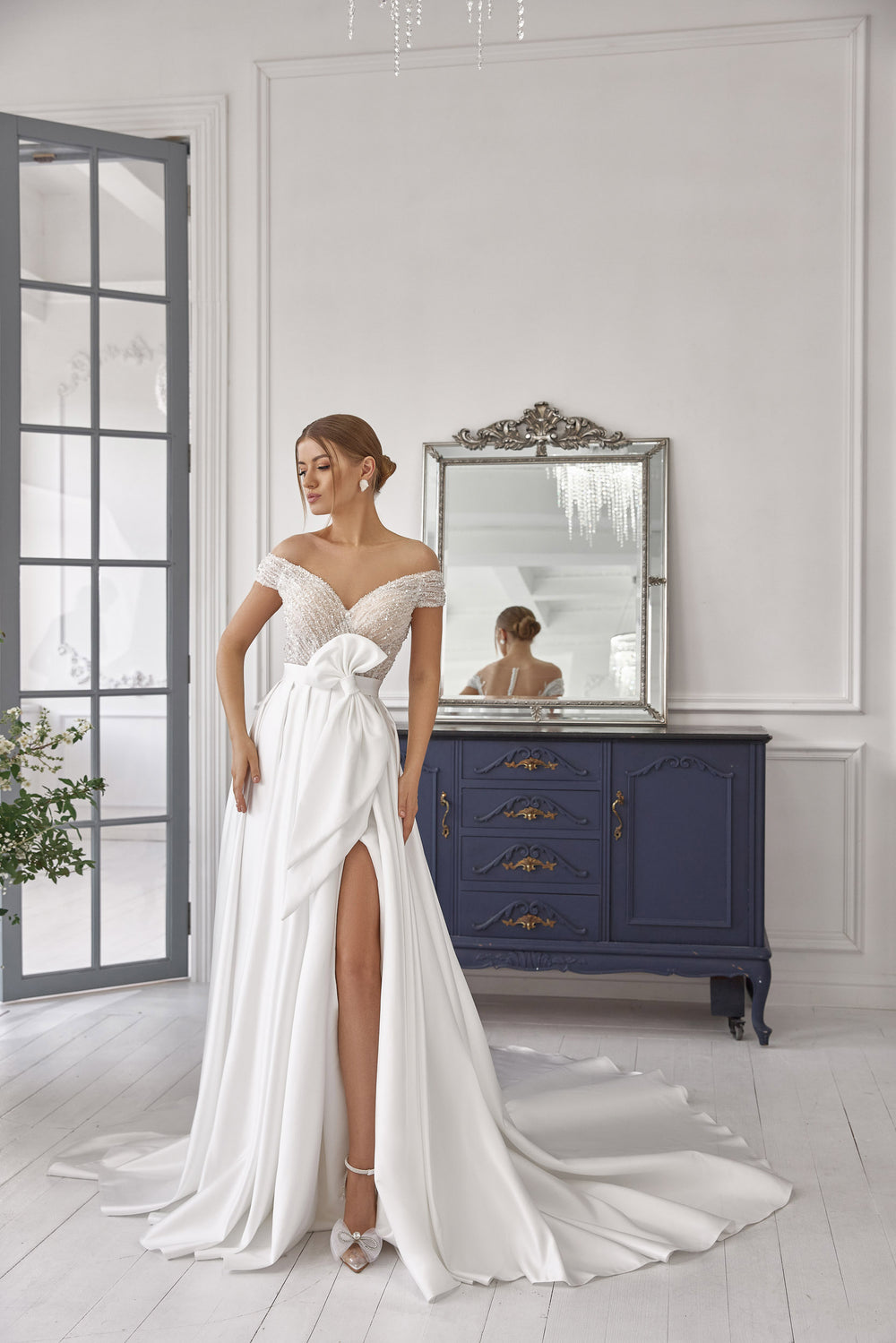 Romantic A-Line Wedding Dress In Satin With Beaded Bodice And Crystals, Off-the-Shoulder Neckline, Sleeveless, Cathedral Train, Floor-Length