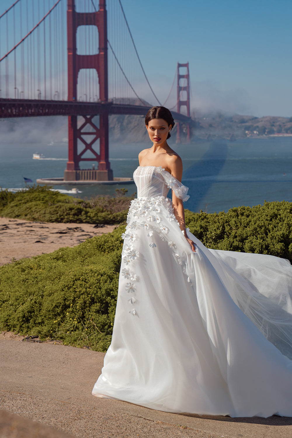 Classic A-Line Wedding Dress with Translucent Corset, Velvet Ribbons, Beads, 3D Flowers, and Pearls - Dreamy and Romantic Look
