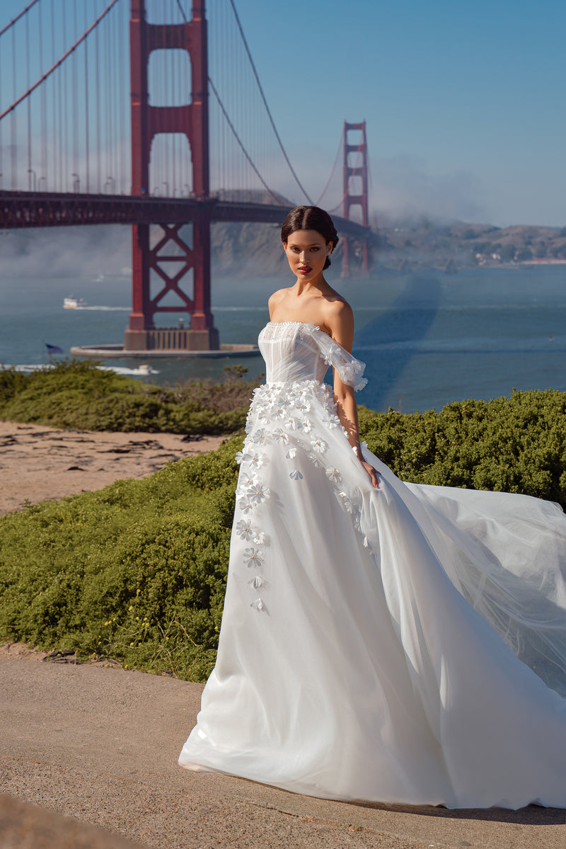 A-Line Wedding Dress with 3D Floral Appliqués and Detachable Sleeves