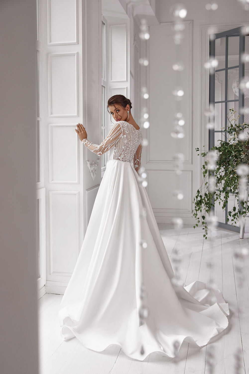 Romantic A-Line Satin Wedding Dress With Lace Appliqués On Long Sheer Sleeves, Boat Neck, Sweep Train