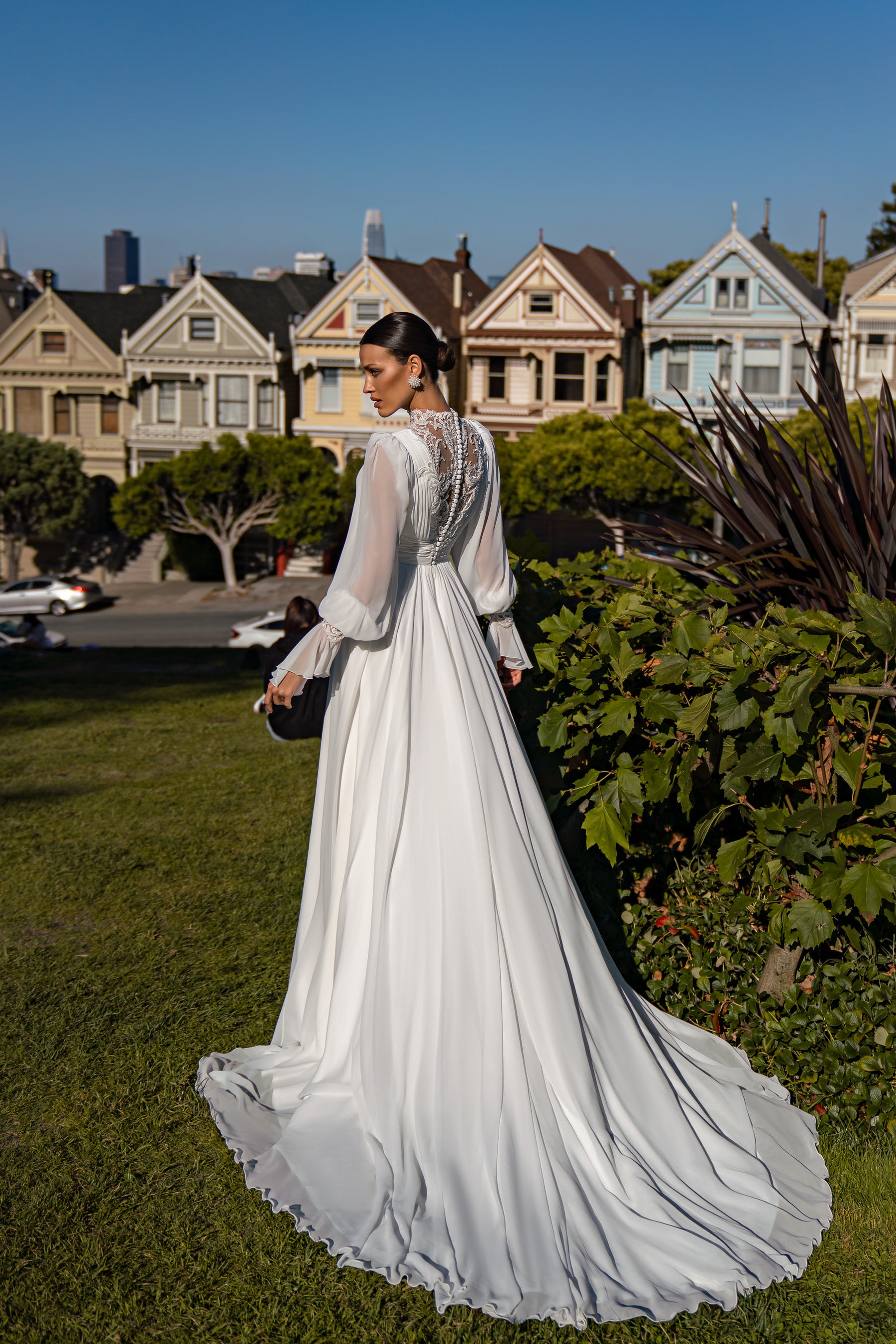 A-Line Wedding Dress with High Neck Lace Bodice