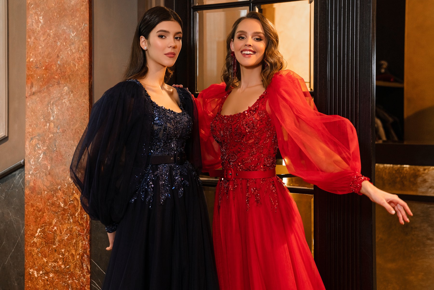 Luxurious "Princess" Style Evening Dress with Long Sleeves, Fluffy Skirt, Translucent Corset, and Beaded Cuffs