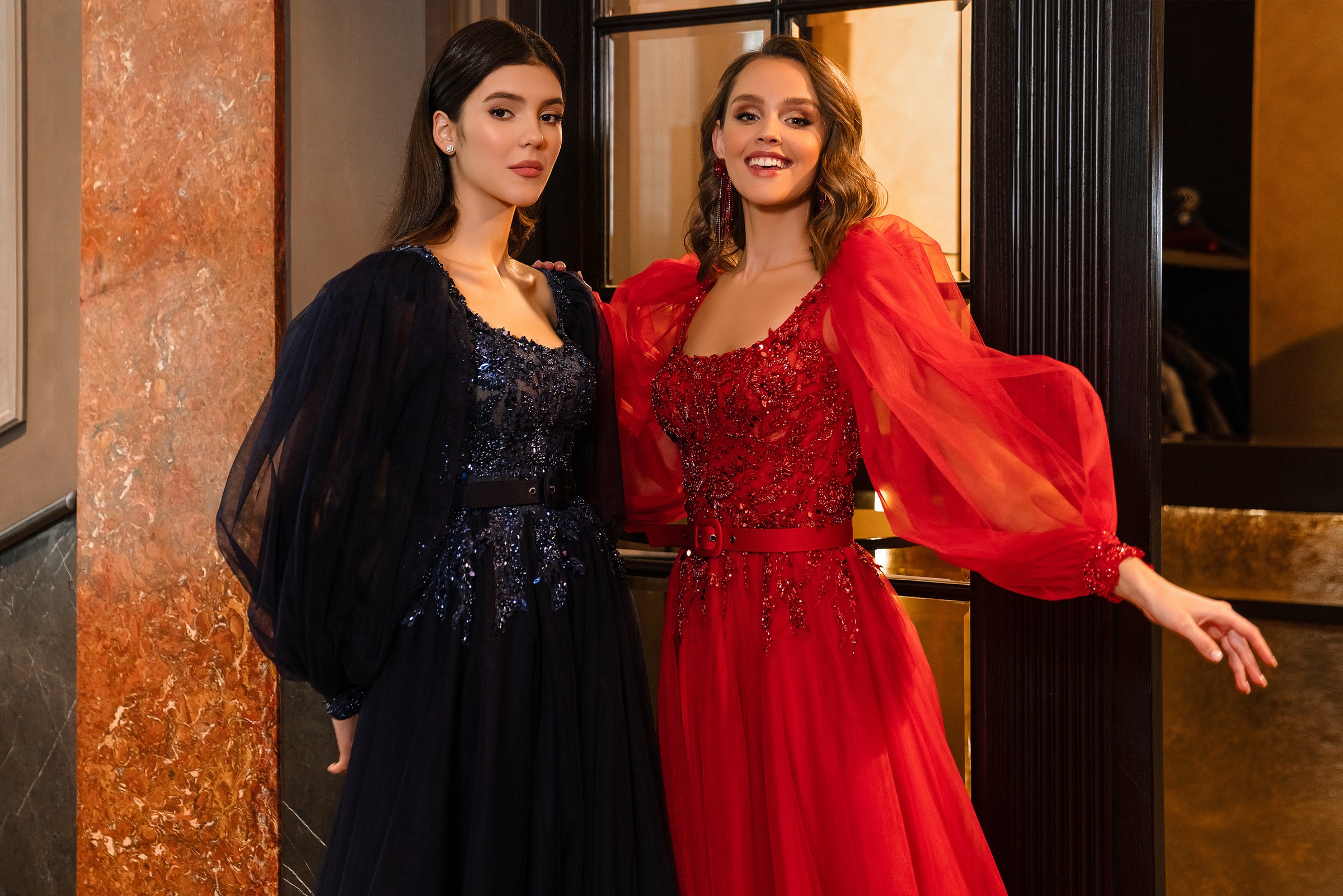 Luxurious "Princess" Style Evening Dress with Long Sleeves, Fluffy Skirt, Translucent Corset, and Beaded Cuffs