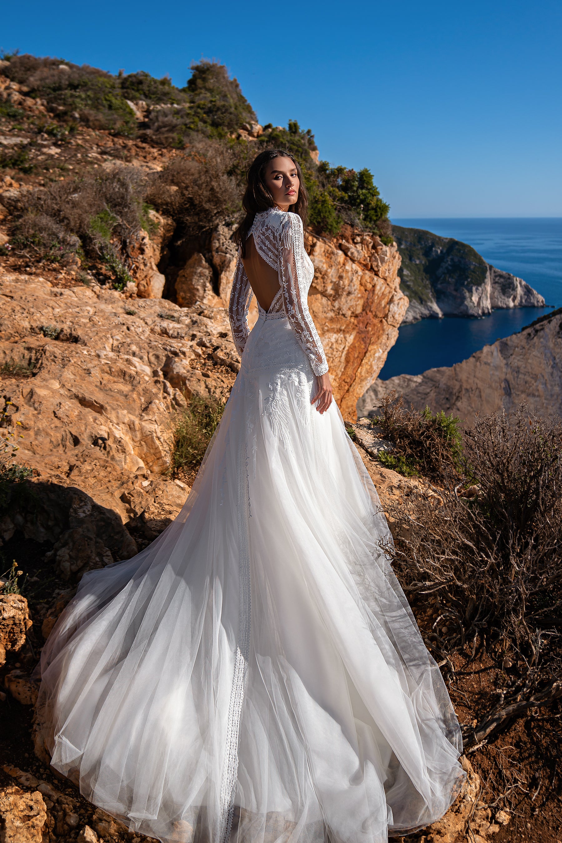 Sophisticated Wedding Dress with Guipure Embroidery and Boho Braid, Unique Back Cut with Buttons