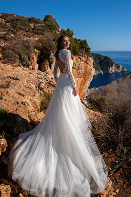 Sophisticated Wedding Dress with Guipure Embroidery and Boho Braid, Unique Back Cut with Buttons