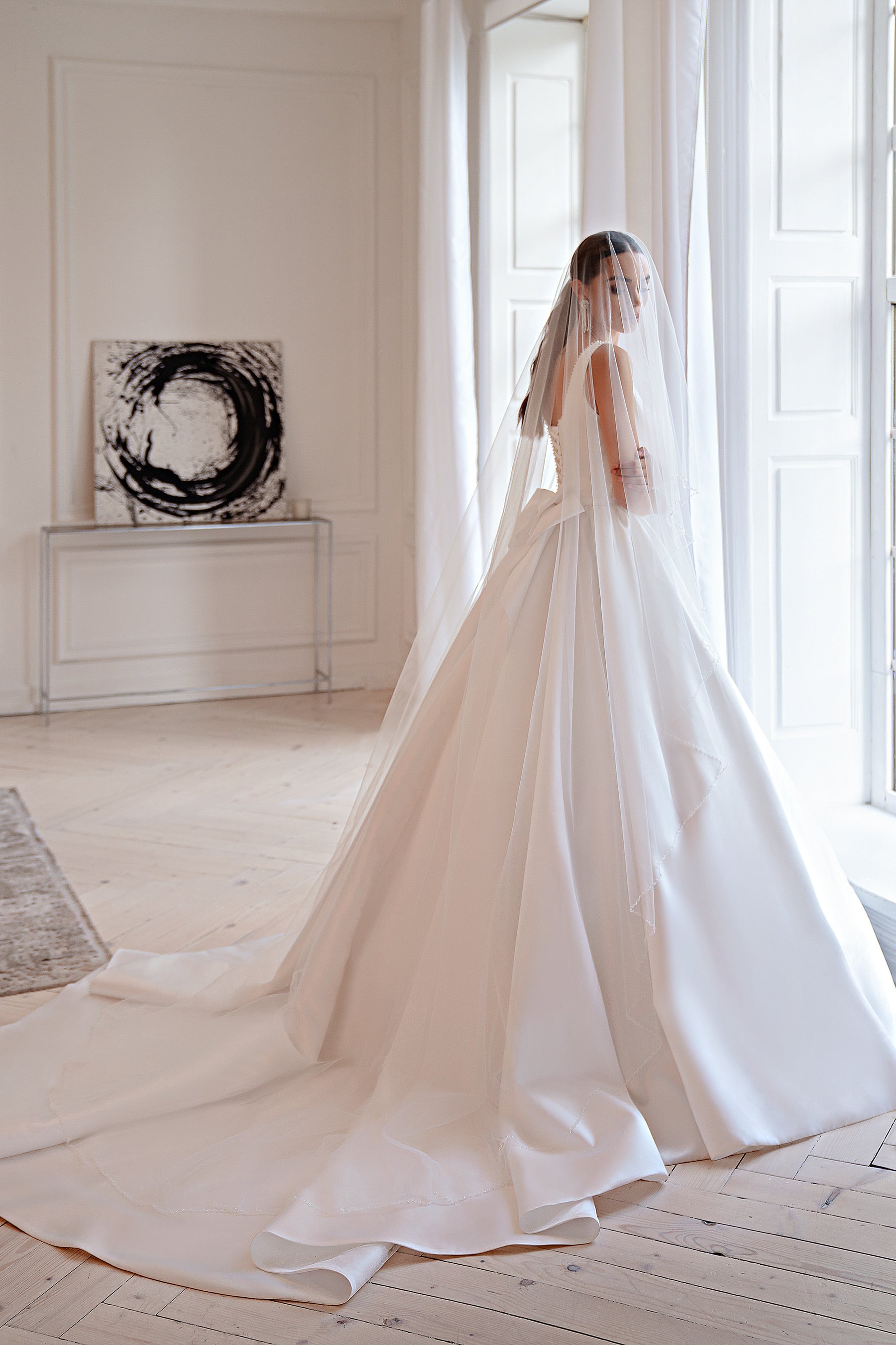 Mikado Luxury Wedding Dress with Embroidered Crystals and Removable Bow - Minimalist Style