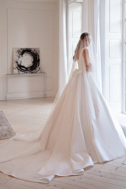 Mikado Luxury Wedding Dress with Embroidered Crystals and Removable Bow - Minimalist Style