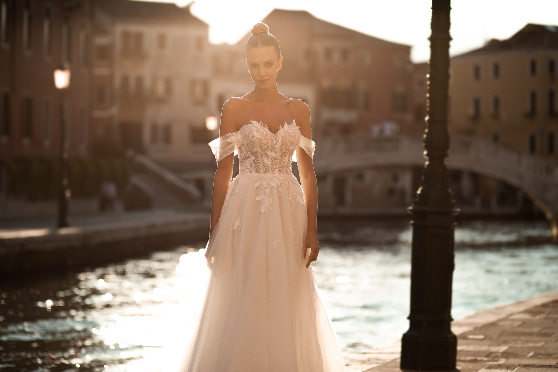 A-Line Off-the-Shoulder Tulle Wedding Gown with Zipper Back and Court Train