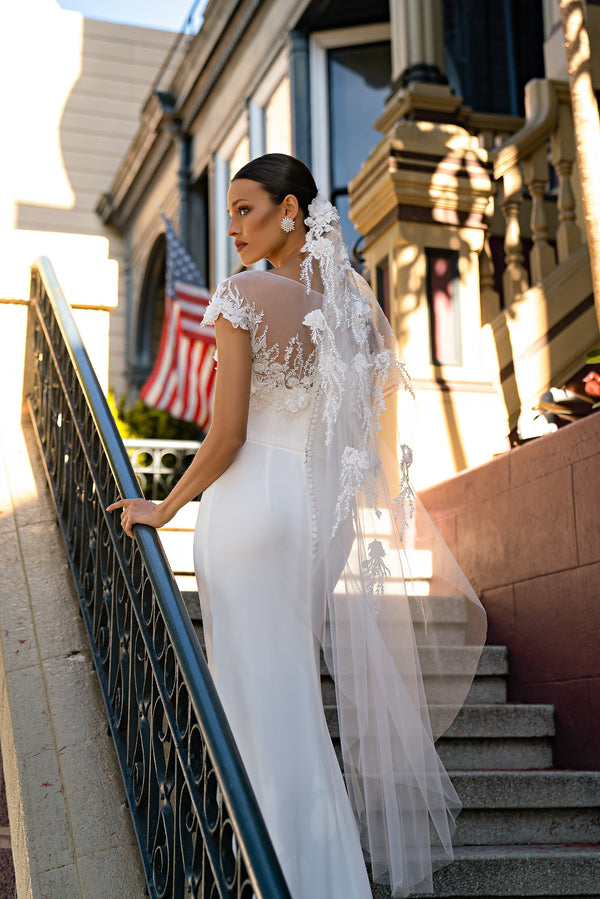 Classic Designer Veil with Guipure Embroidery, Beads, Sequins, and Pearls - 1.5x1.5m, 2 Folds for Volume and Splendor