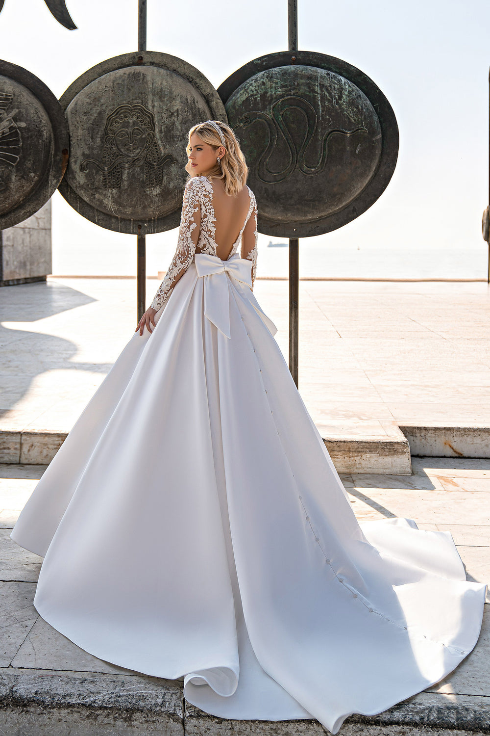 Elegant Satin V-Neck Beaded Ballgown Wedding Dress