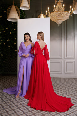 Women's Deep V-Neck Party Dress with Slit Skirt and Puffy Sleeves