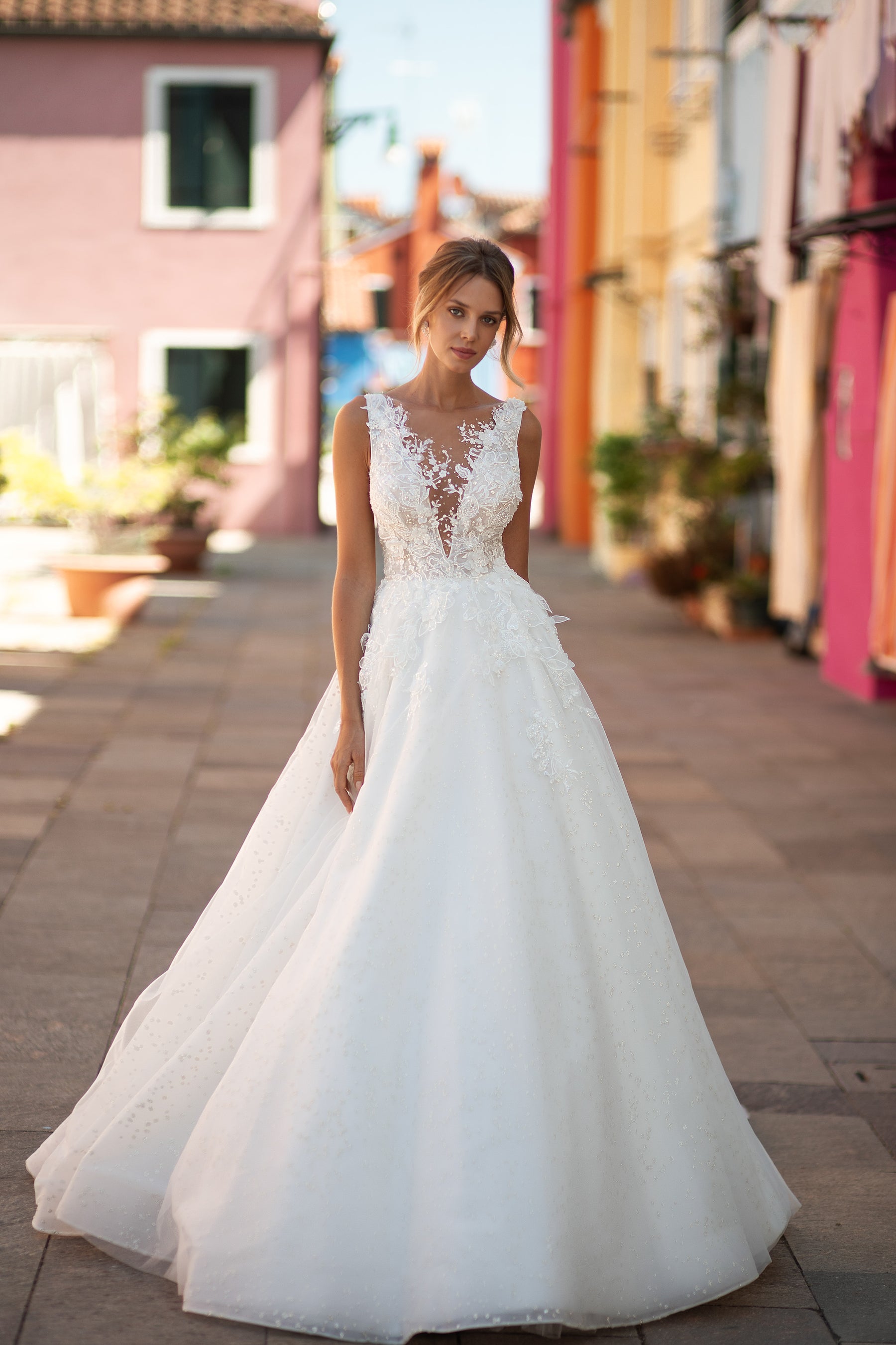 A-Line Wedding Gown with Beaded Deep V-Neck, 3D Lace, and Open Back Tulle