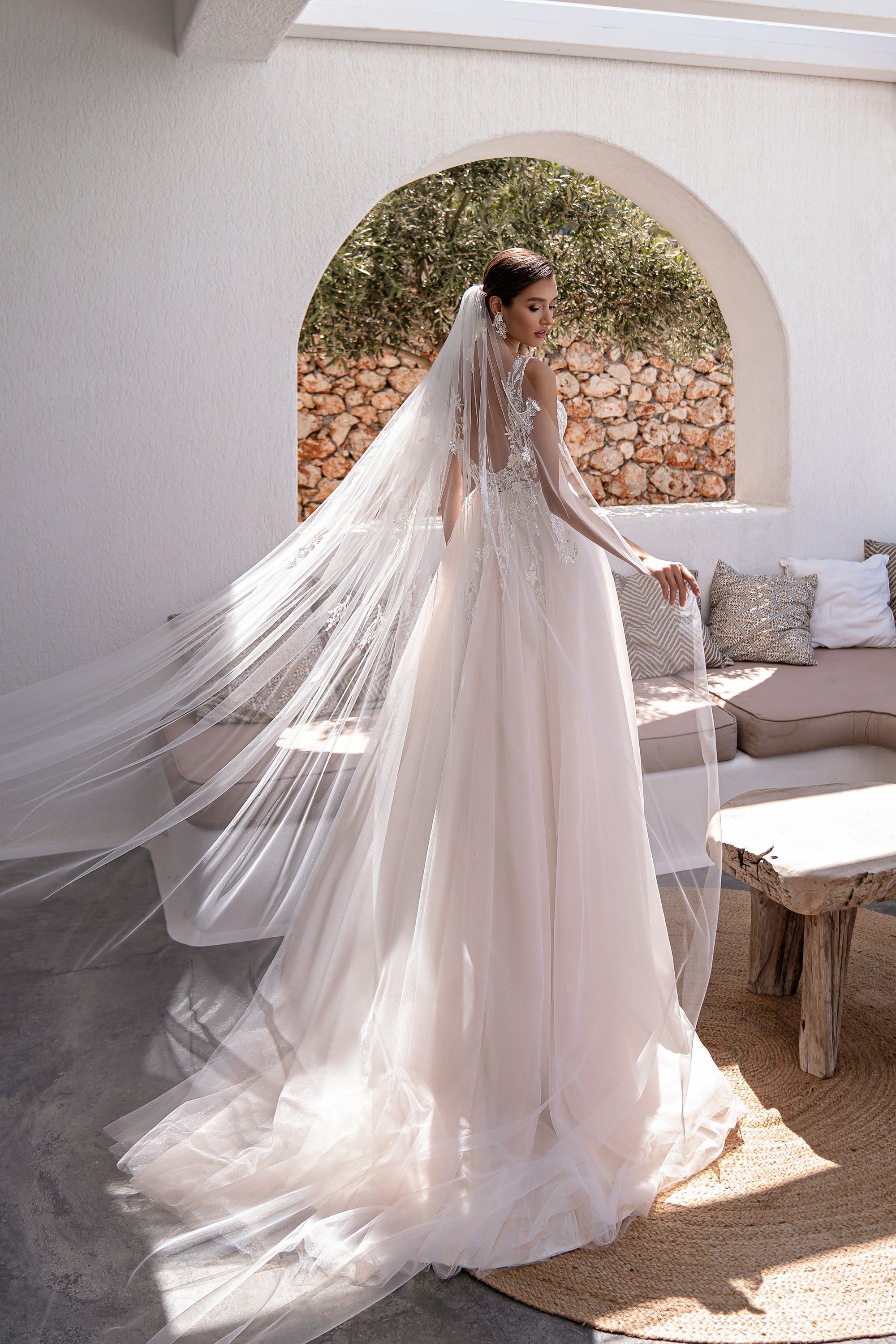 A-Line Wedding Dress with Detachable Lace Bishop Sleeves